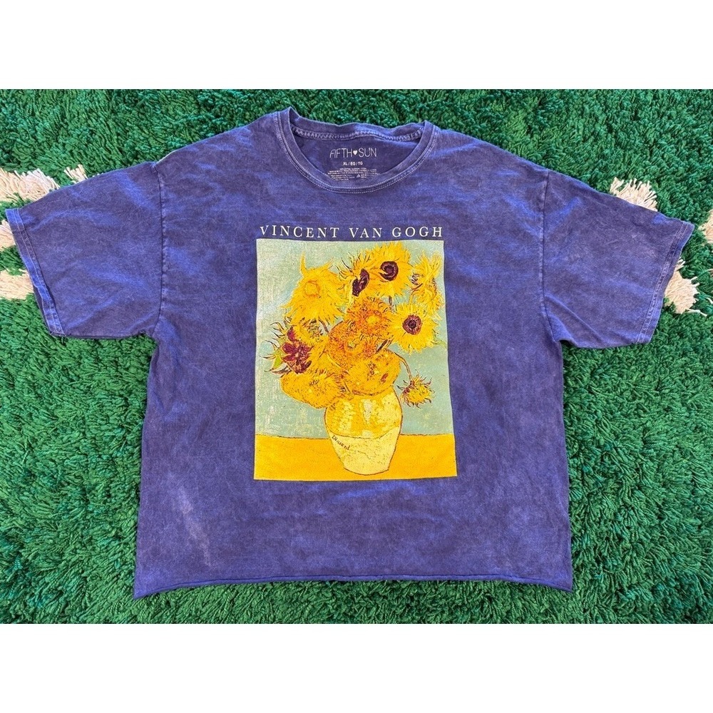 Fifth Sun Vincent Van Gogh T-Shirt Womens XL Purple Good Sunflowers Graphic Crop
